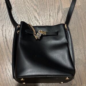 Michael Kors Black Leather Crossbody with Gold Charm